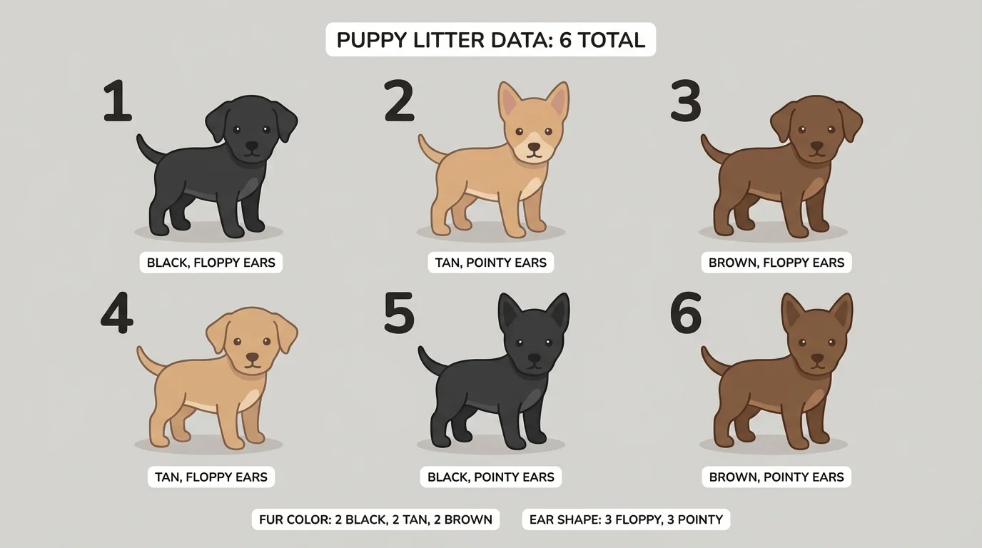 illustration of six puppies from one litter with different fur colors and ear shapes, labeled for counting