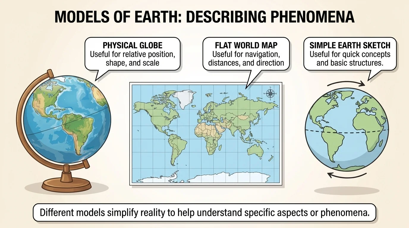 physical globe, flat world map, and simple Earth sketch side by side showing different useful models of Earth