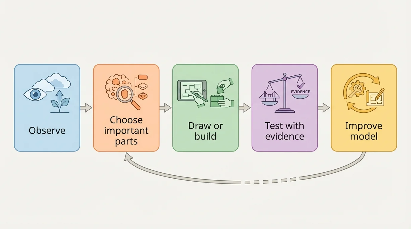 step-by-step flowchart with boxes labeled observe, choose important parts, draw or build, test with evidence, improve model
