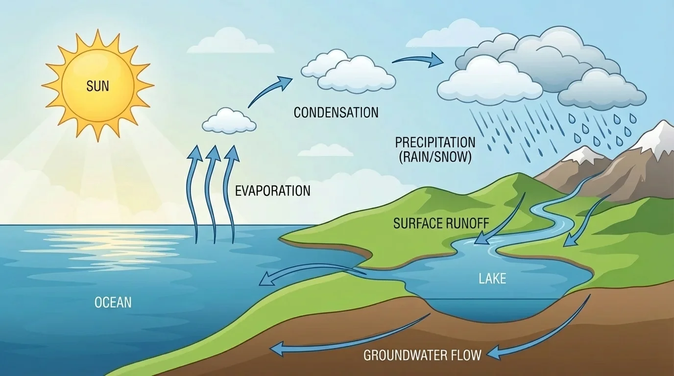 water cycle with sun heating water, evaporation rising, cloud formation, rain falling, and water collecting in rivers or lakes