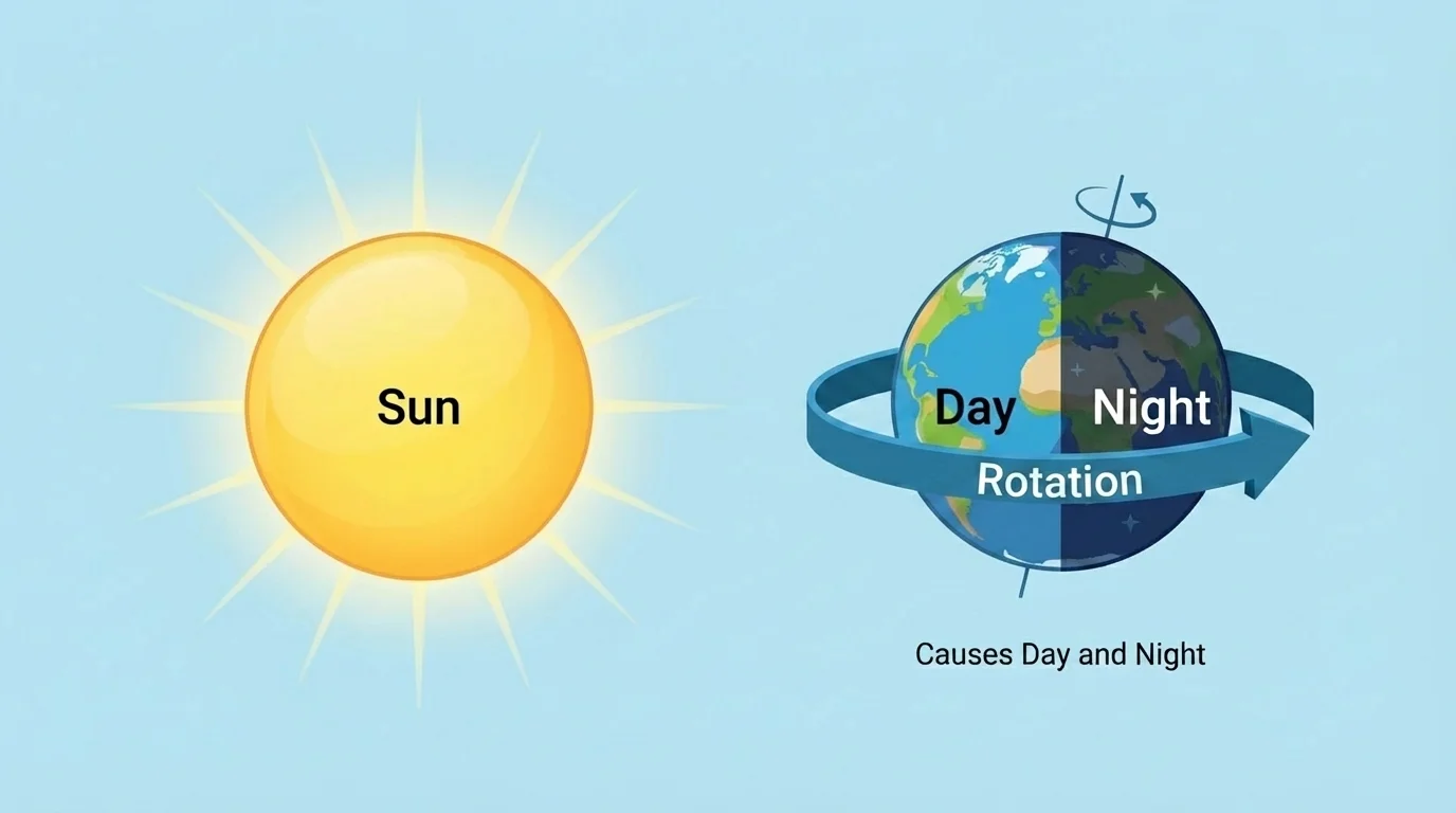 labeled Sun and Earth with one illuminated half and arrows showing Earth rotating to create day and night