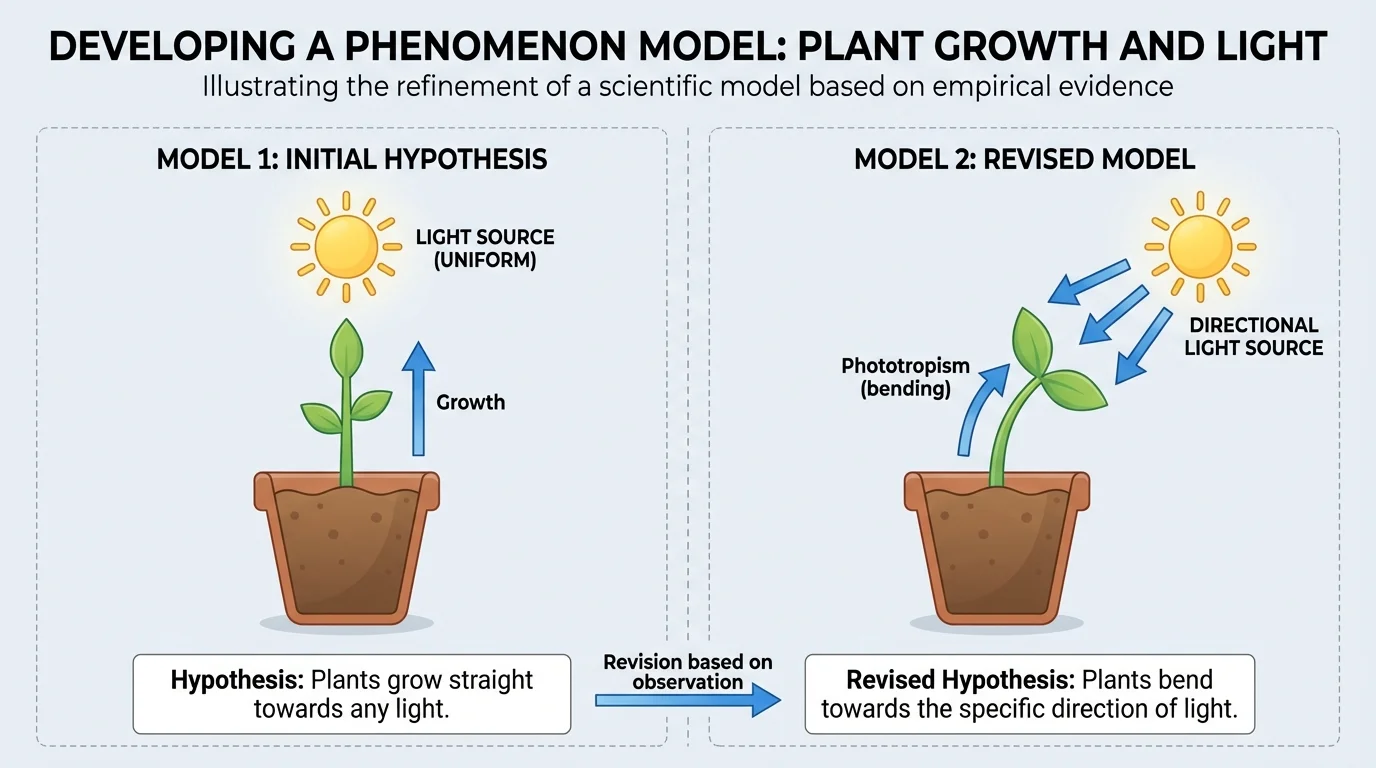 Illustration of a simple plant growth model revised after noticing light direction affects bending, showing before and after model sketches