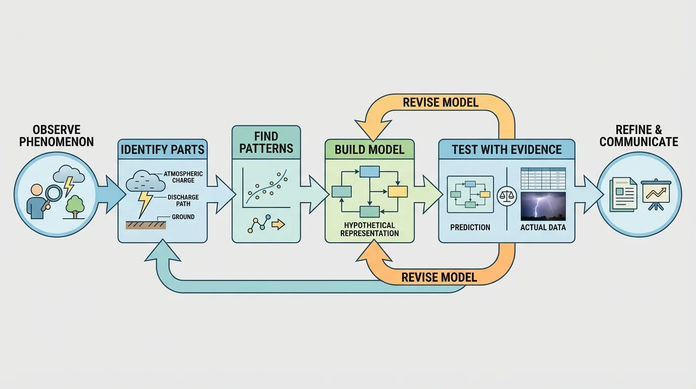 Flowchart showing observe phenomenon, identify parts, find patterns, build model, test with evidence, revise model