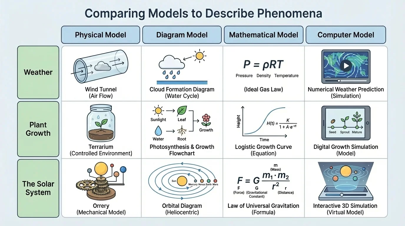 Chart comparing physical, diagram, mathematical, and computer models for explaining weather, plant growth, and the solar system with simple icons and labels