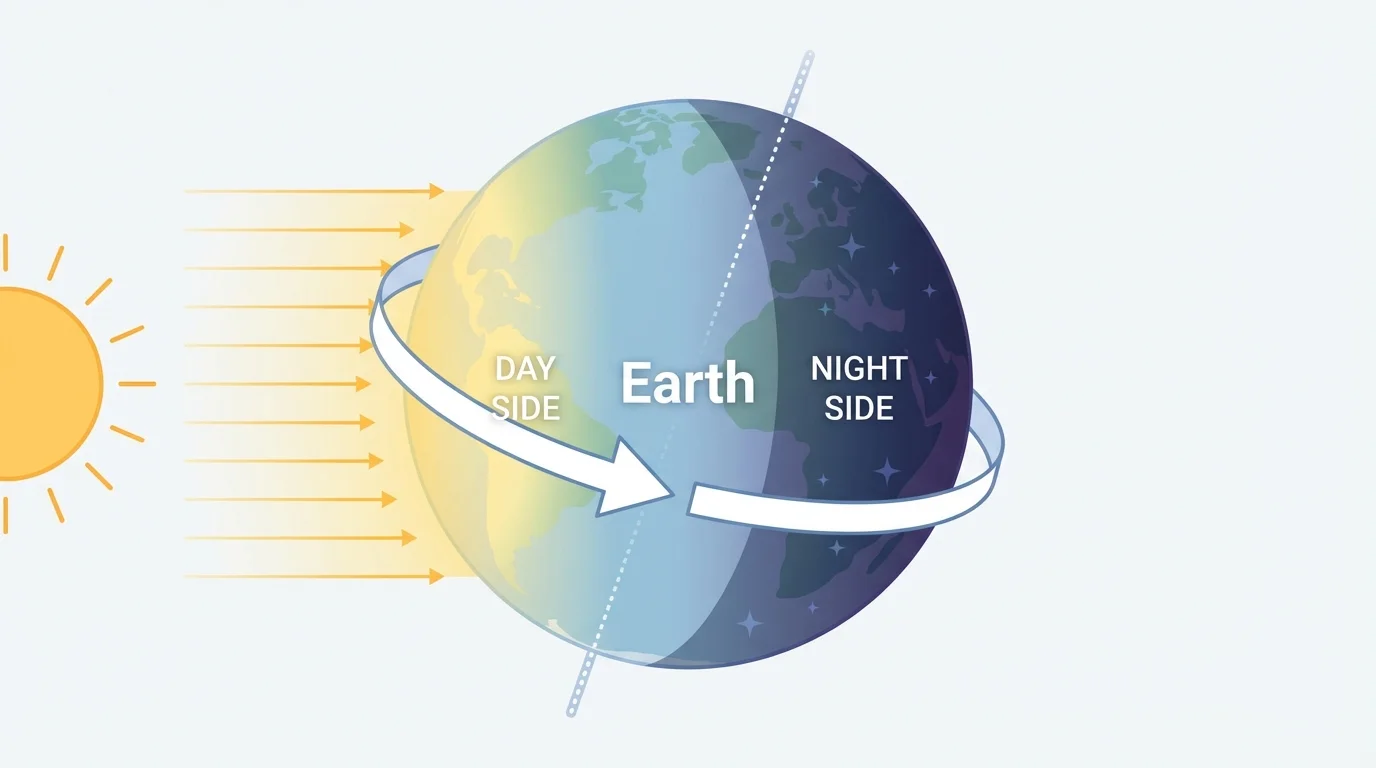 Diagram of Earth rotating on its axis with sunlight shining on one half, labeled day side and night side