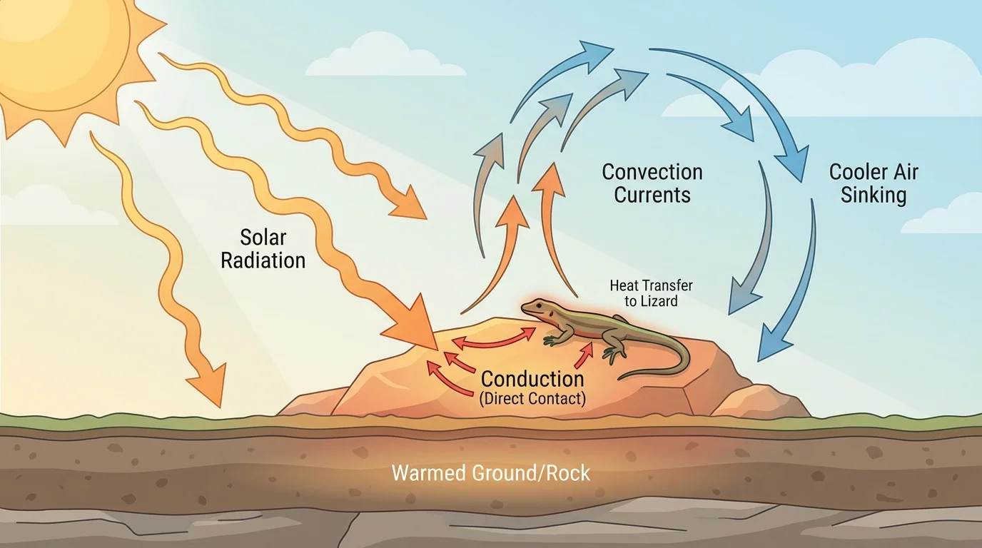 Outdoor scene with sunlight warming ground by radiation, warm air rising in convection currents, and rock transferring heat to a lizard by conduction