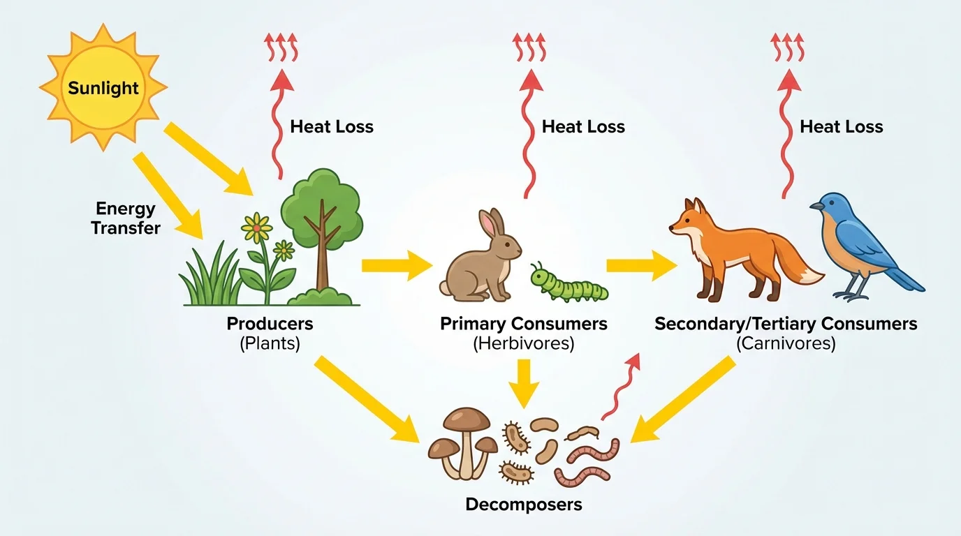 Food web style energy-flow diagram with sunlight, plants, herbivore, carnivore, decomposers, and arrows showing energy transfer and heat loss