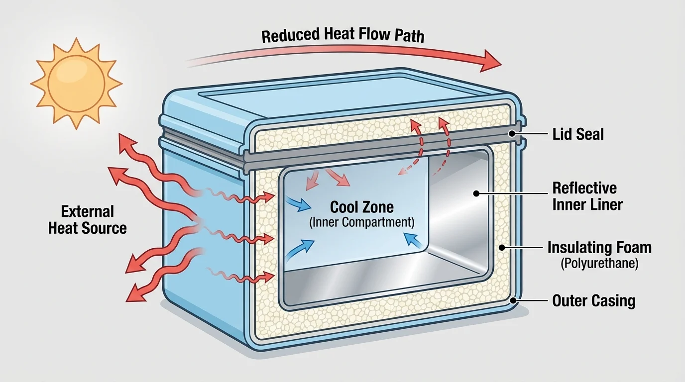 Cross-section of an insulated lunch container or cooler with foam walls, reflective inner layer, lid seal, and arrows showing reduced heat flow