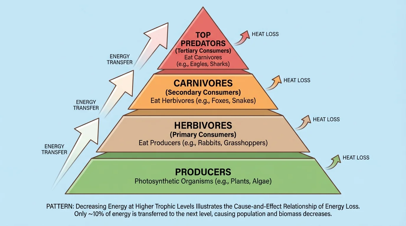 labeled energy pyramid with wide producer base, smaller herbivore level, smaller carnivore level, and smallest top predator level, with arrows showing decreasing energy upward