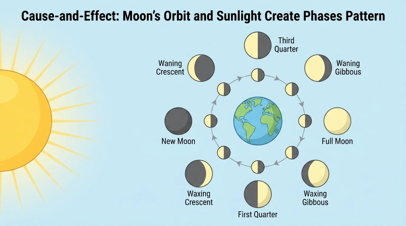 Sun, Earth, and Moon positions around Earth showing several moon phases in sequence with arrows indicating orbital motion
