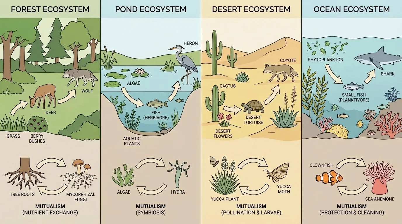 comparison scene of forest, pond, desert, and ocean ecosystems with arrows showing plants or algae to herbivores to predators, plus one mutualism example in each ecosystem