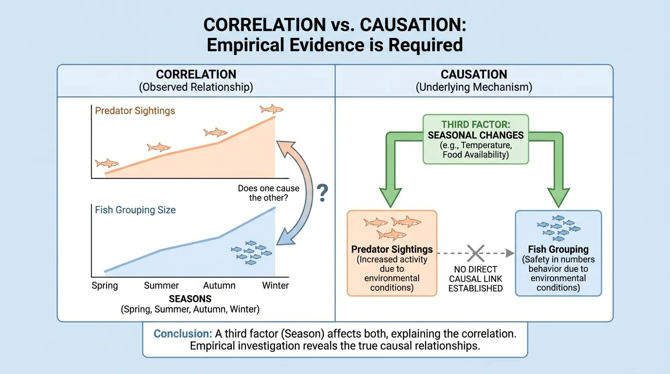 simple comparison chart showing predator sightings and fish grouping increasing together across seasons, with season highlighted as a third factor affecting both