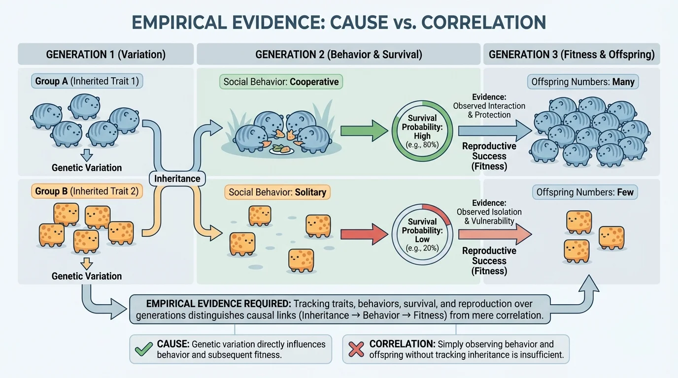inheritance-to-behavior-to-fitness diagram showing variation in social behavior, different survival probabilities, and differing numbers of offspring across generations