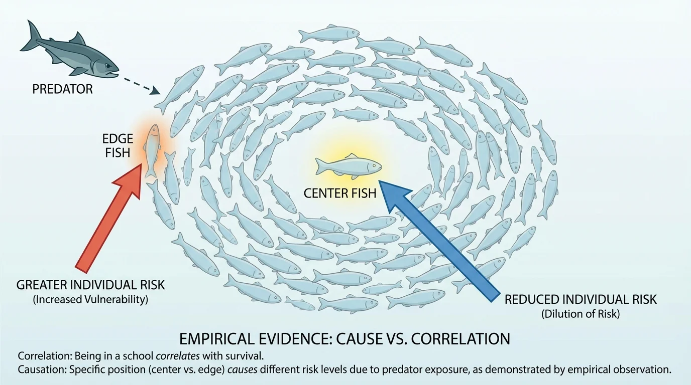 labeled school of fish with predator approaching, highlighting center fish, edge fish, arrows showing reduced individual risk in the middle and greater risk at the edge