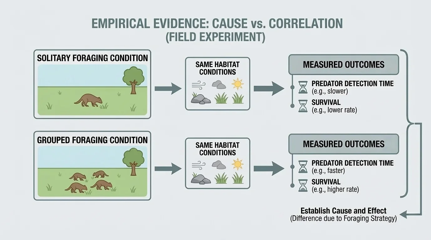 field experiment flowchart with two branches, solitary foraging condition and grouped foraging group, same habitat conditions, arrows to measured outcomes such as predator detection time and survival