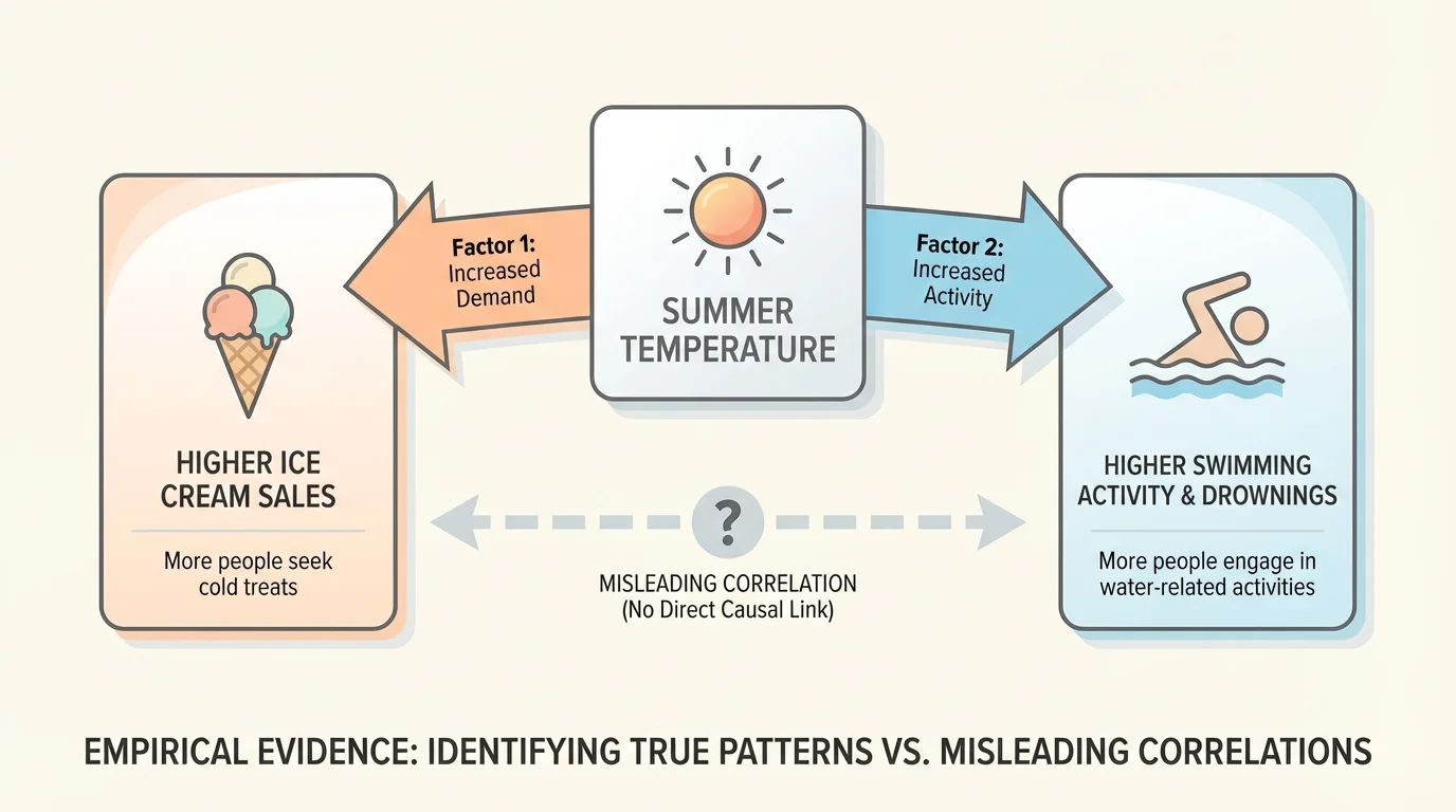 summer temperature as a central factor with arrows to higher ice cream sales and higher swimming activity and drownings, showing misleading correlation between the two outcomes
