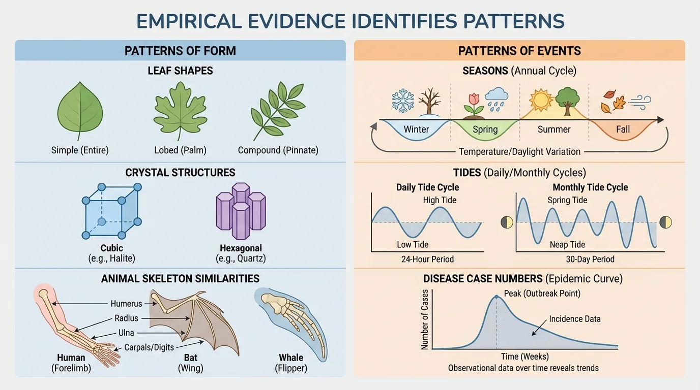 comparison chart with patterns of form such as leaf shapes, crystal structures, and animal skeleton similarities on one side, and patterns of events such as seasons, tides, and disease case numbers over time on the other