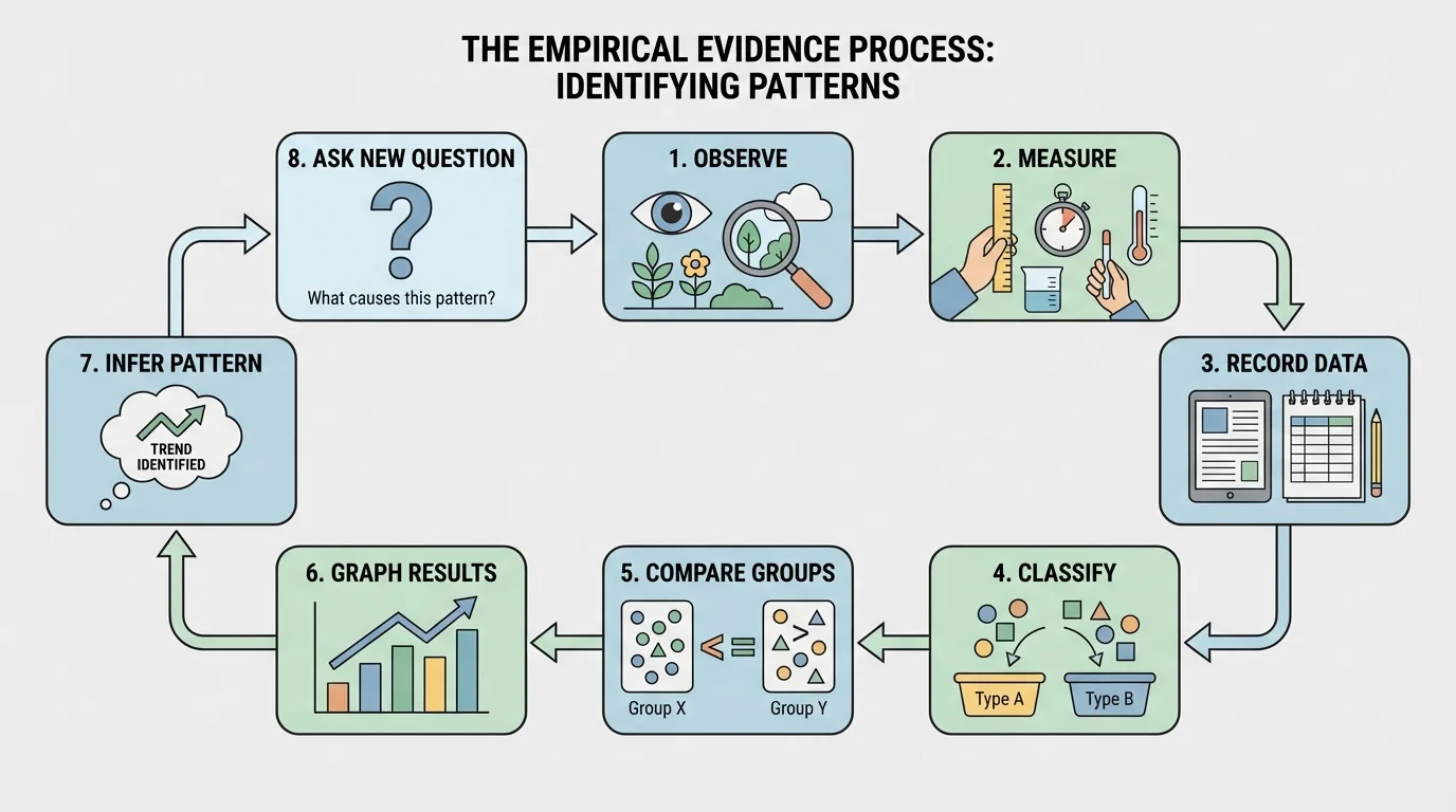 observe, measure, record data, classify, compare groups, graph results, infer pattern, ask new question