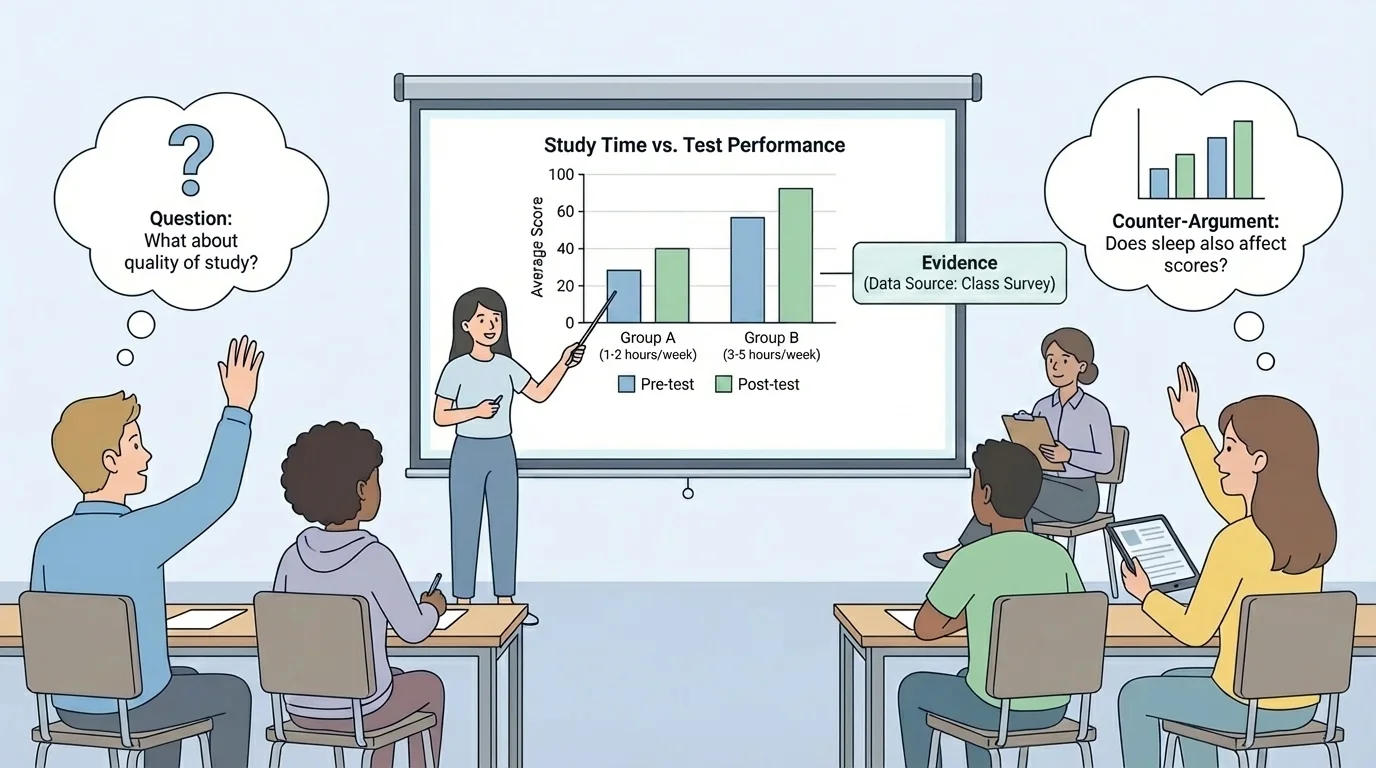 student giving an evidence-based presentation with a projected graph, a clear claim on screen, and classmates asking questions