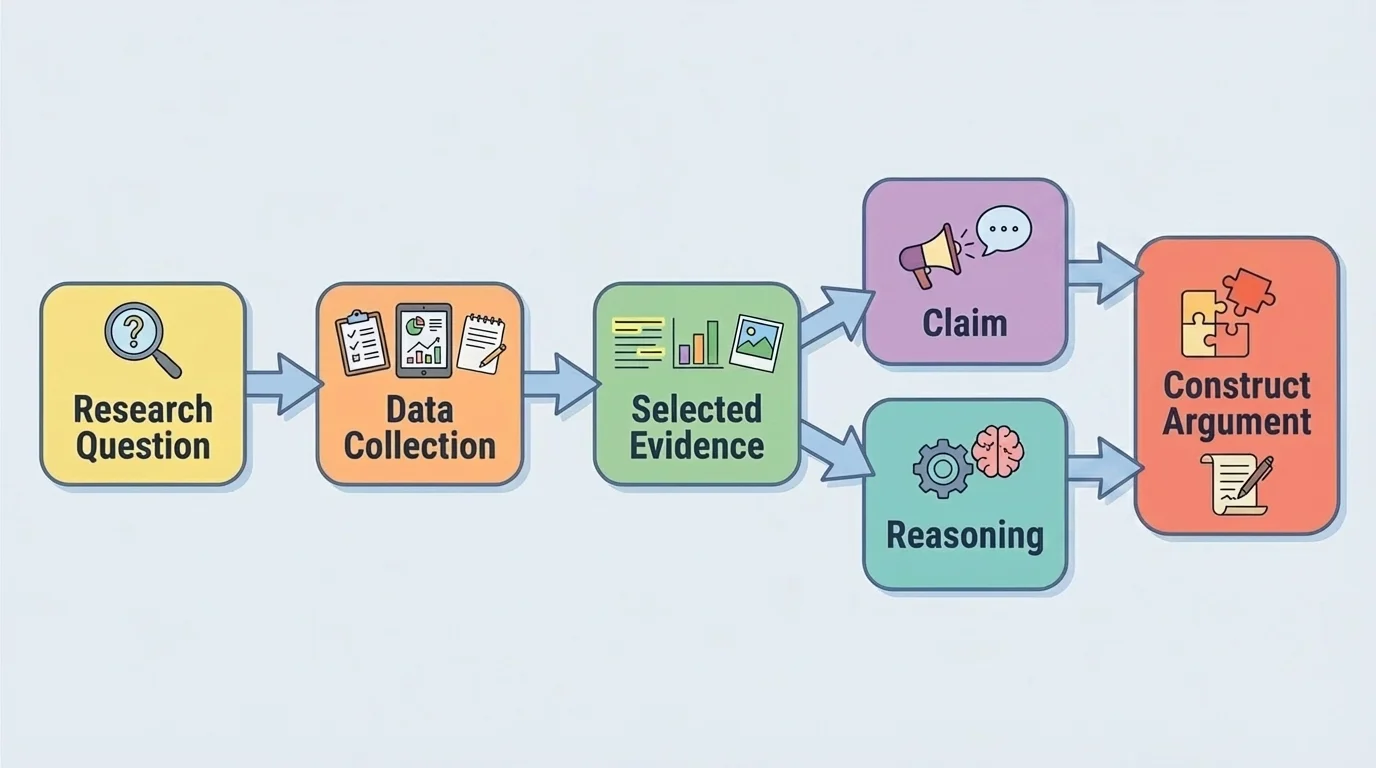 flowchart linking a research question to data collection, selected evidence, claim, and reasoning with short labels and arrows