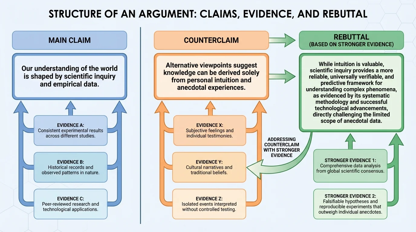 chart comparing a main claim and a counterclaim, each with evidence boxes, with an arrow leading to a rebuttal based on stronger evidence