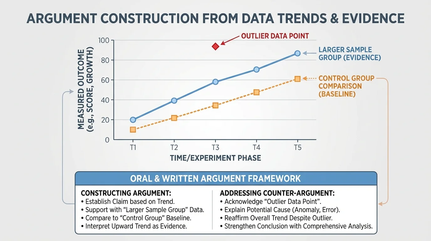 graph showing an overall upward trend in data with one outlier point, plus labels indicating a larger sample and a control group comparison