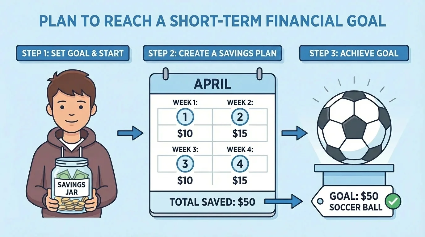 illustration of a student saving for a soccer ball with a jar, calendar, and labeled weekly amounts