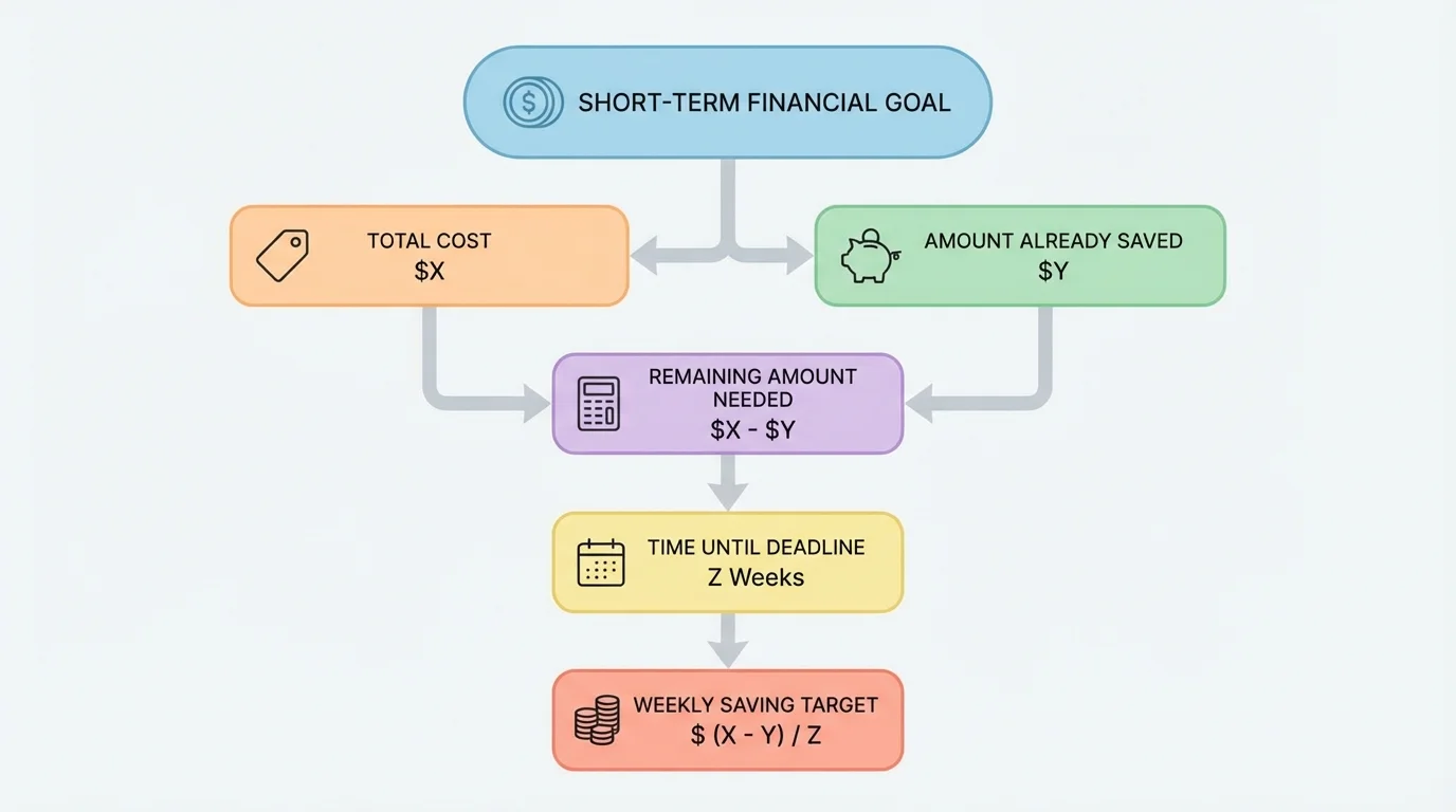 flowchart showing goal, total cost, amount already saved, time until deadline, and weekly saving target