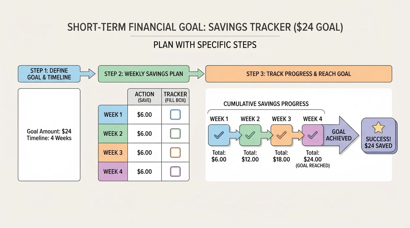 chart showing a savings tracker for a $24 goal with boxes filled each week until the goal is reached