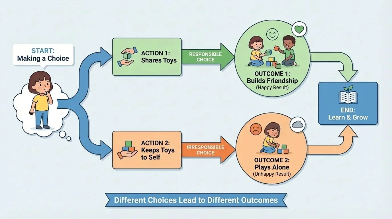 child deciding between two actions with arrows to happy and unhappy results in a step-by-step decision flowchart