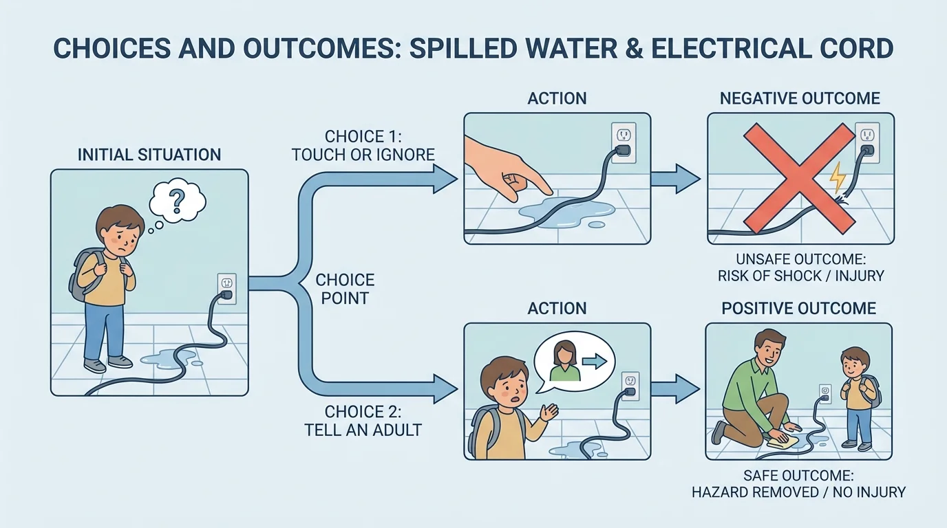 child seeing spilled water near a cord and choosing to tell an adult instead of touching it, with safe outcome highlighted