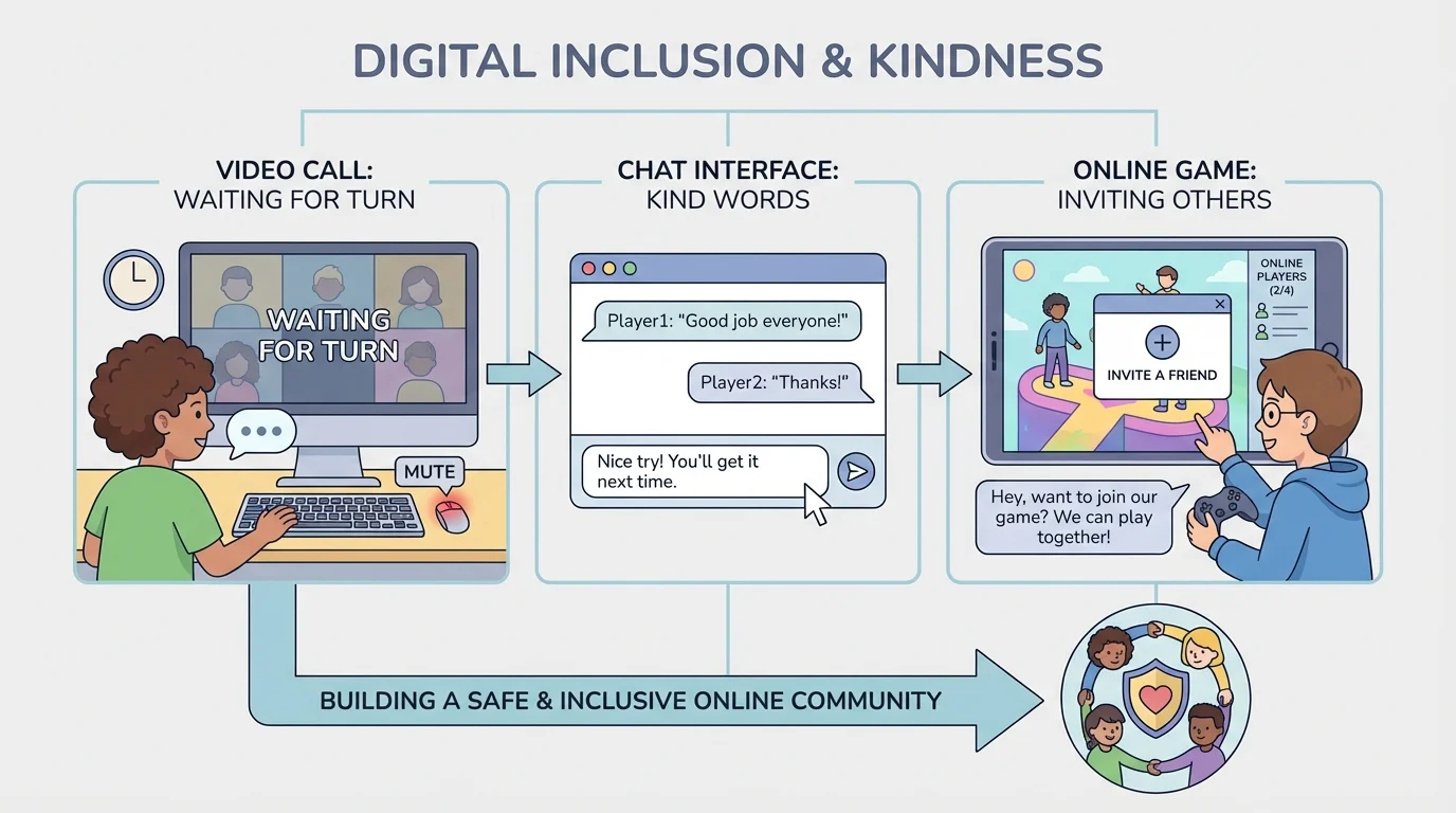 A child on a video call waiting for a turn, using kind words in chat, and inviting another child to join an online game
