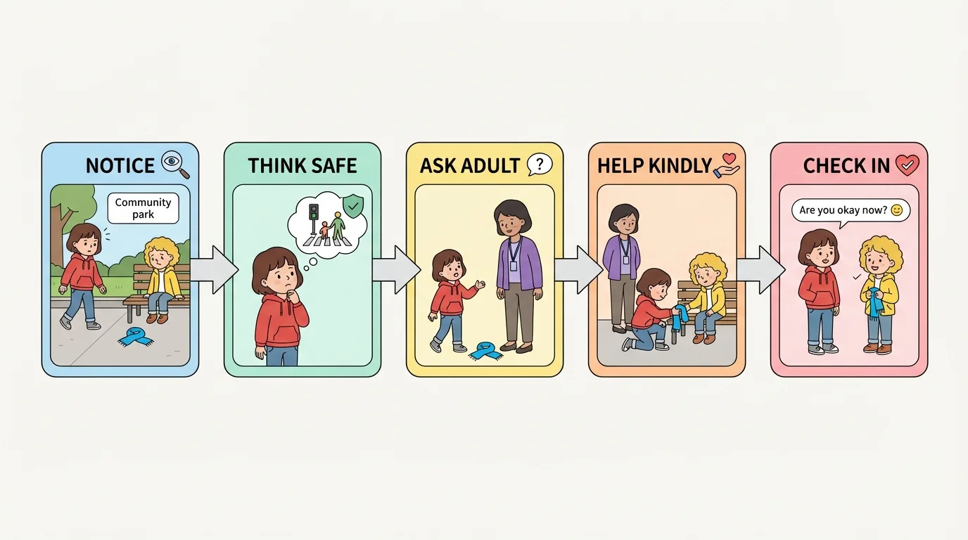 Flowchart with five boxes labeled notice, think safe, ask adult, help kindly, and check in, showing a child responding to a small community problem