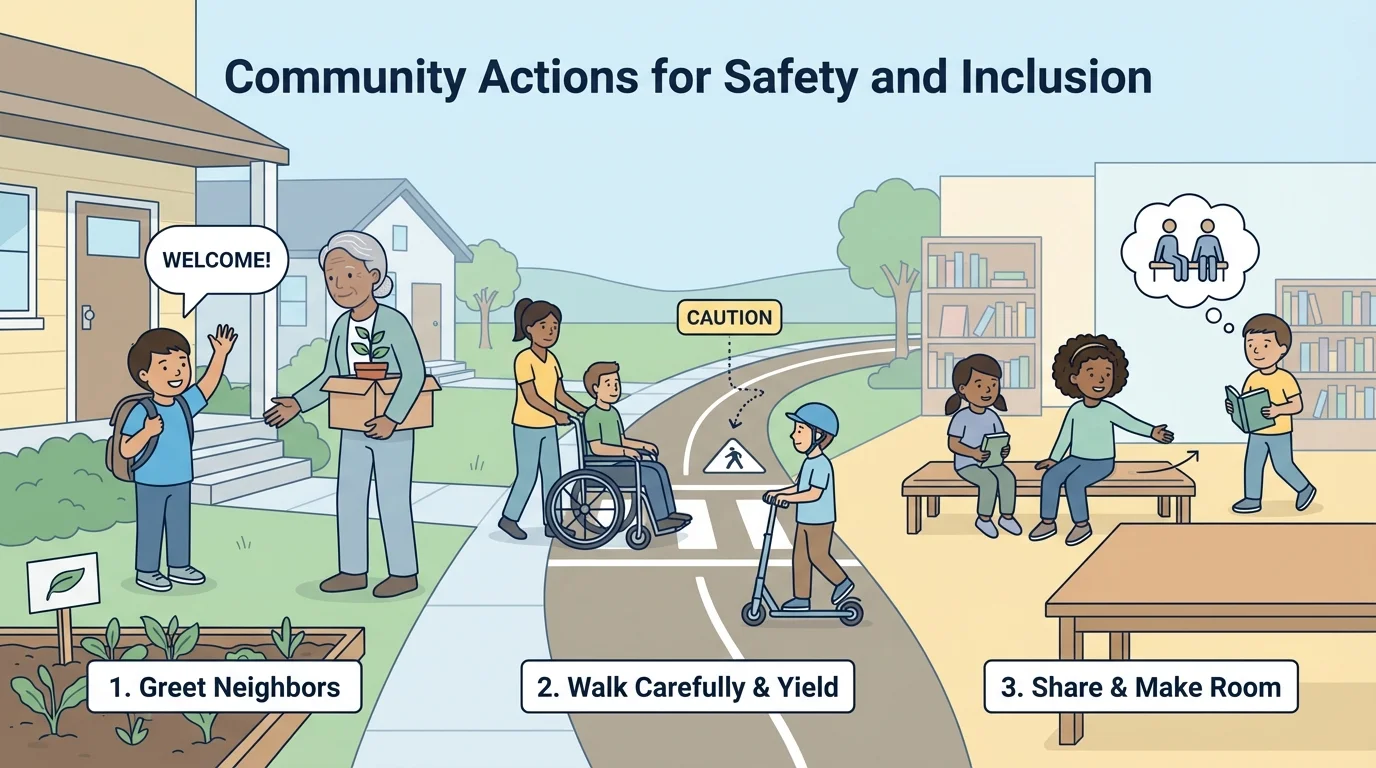 A small community scene with a child greeting a new neighbor, walking carefully in a shared space, and making room for others at a park or library
