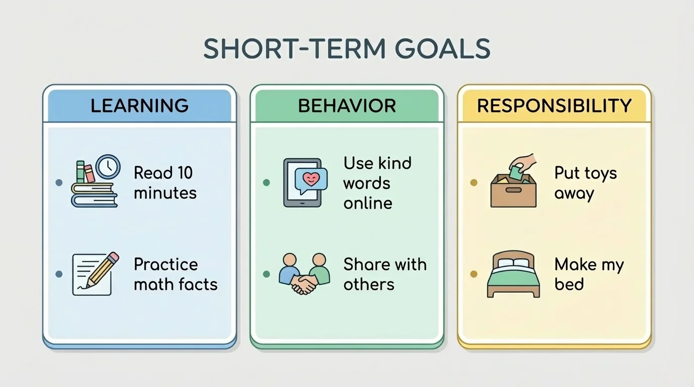child-friendly chart with three columns labeled learning, behavior, responsibility and simple examples such as read 10 minutes, use kind words online, put toys away