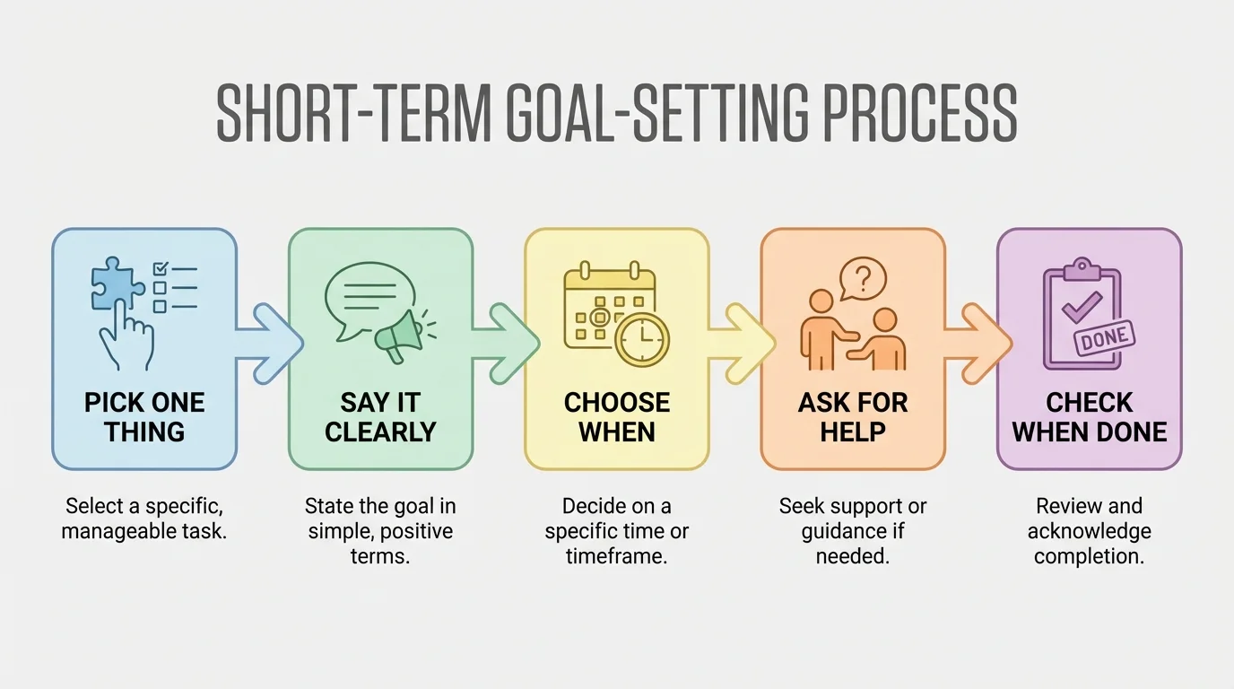 flowchart showing pick one thing, say it clearly, choose when, ask for help, check when done