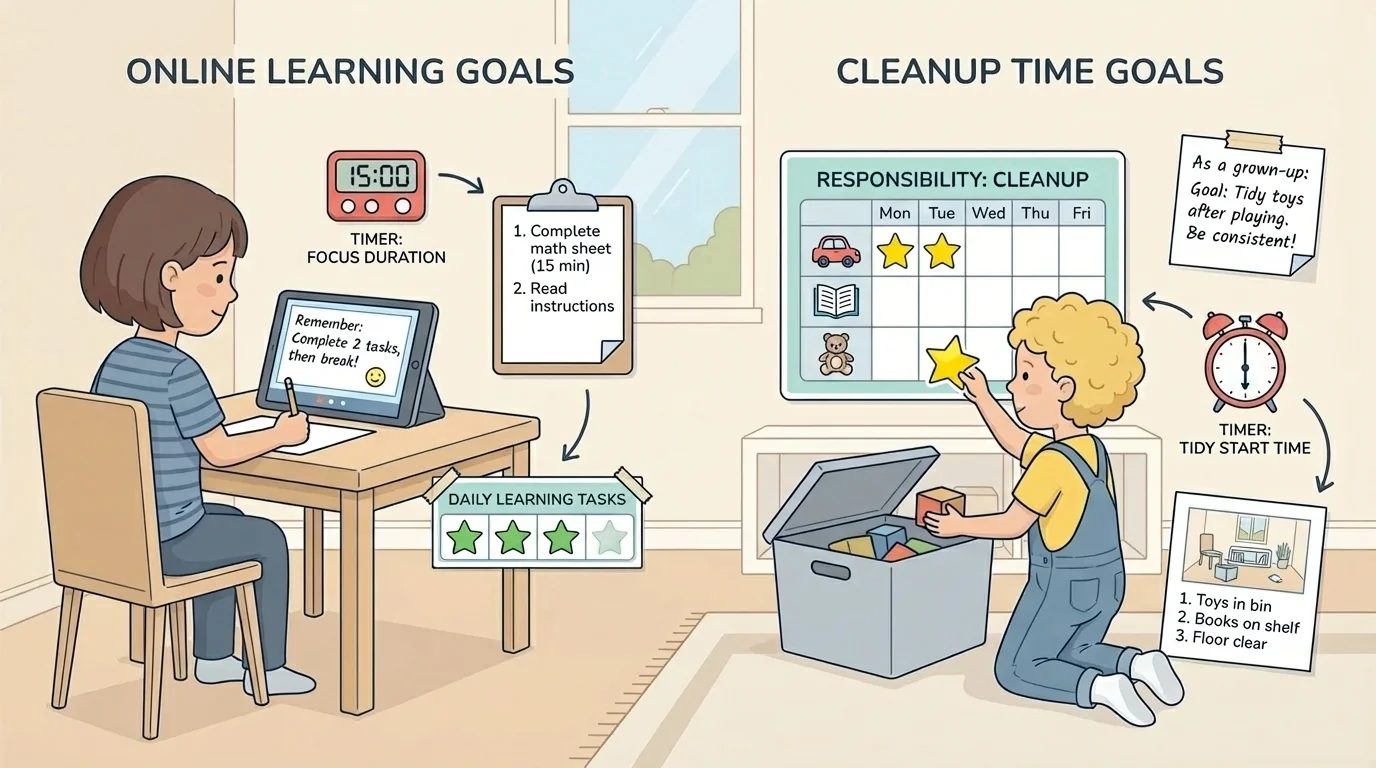 child using a sticker chart, simple timer, and note from a grown-up during online learning and cleanup time at home