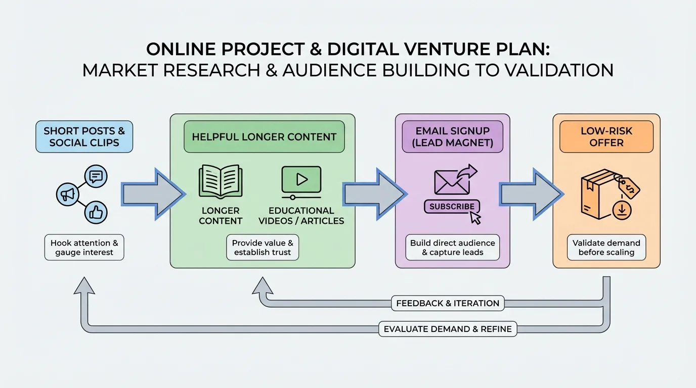 flowchart showing short posts leading to helpful longer content, then email signup, then low-risk offer