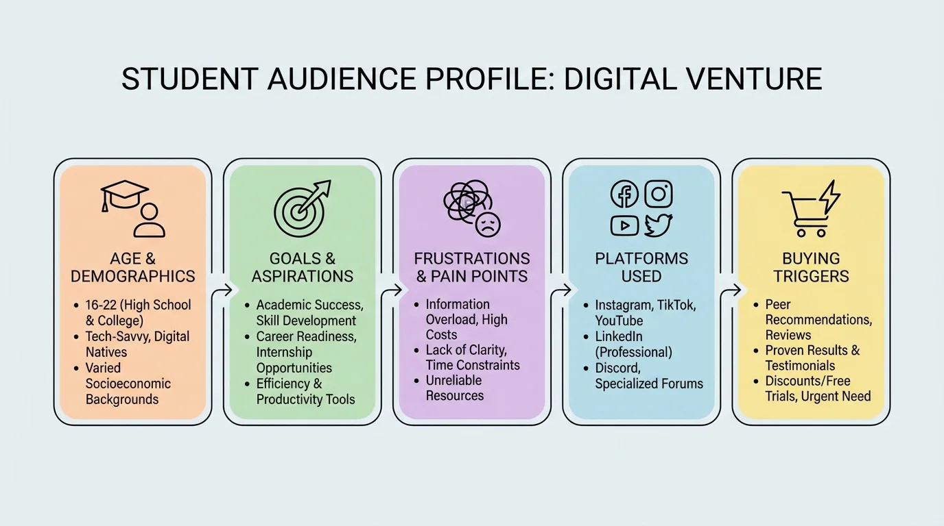 chart showing a simple audience profile with age, goals, frustrations, platforms used, and buying triggers for a student-focused digital venture