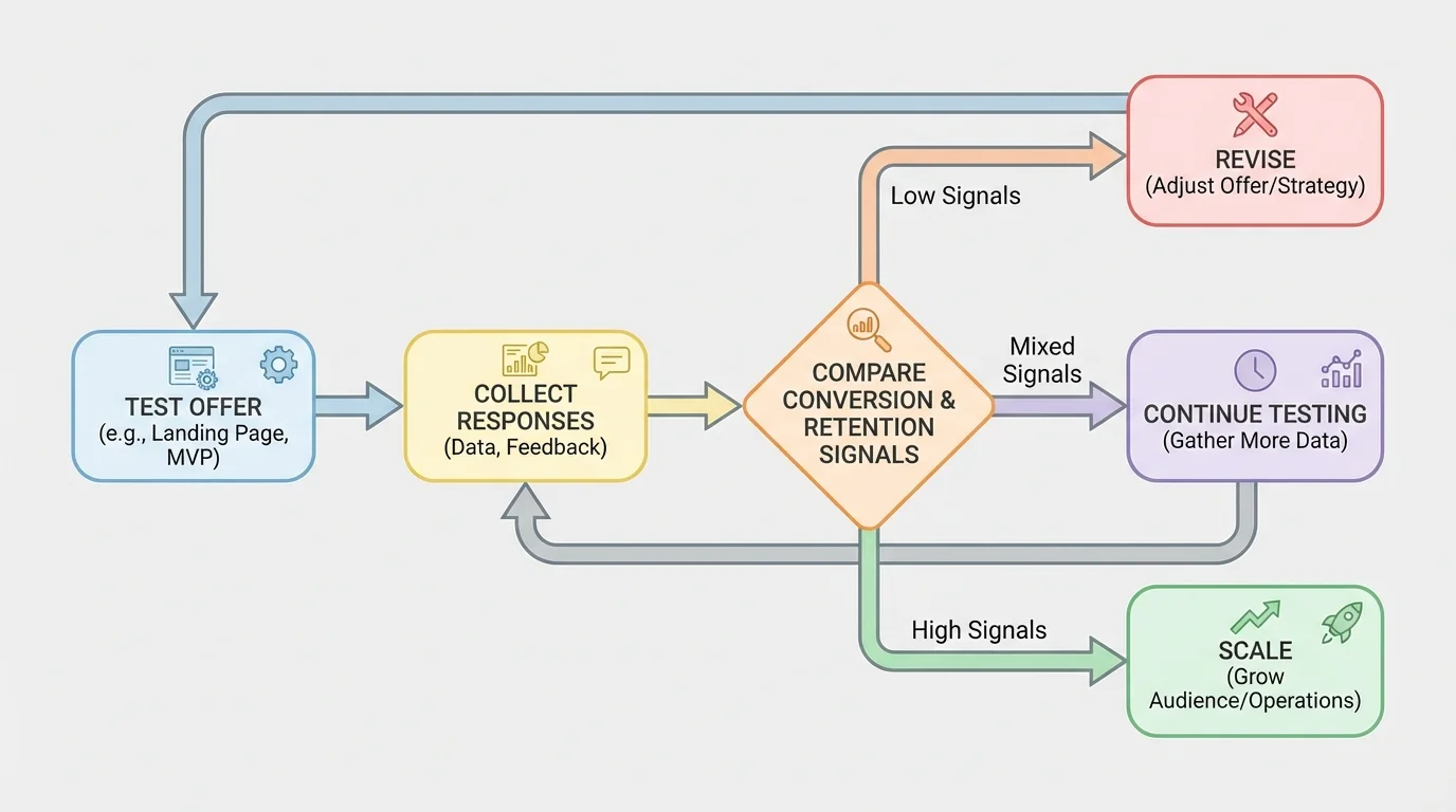 flowchart showing test offer, collect responses, compare conversion and retention signals, then choose revise, continue testing, or scale