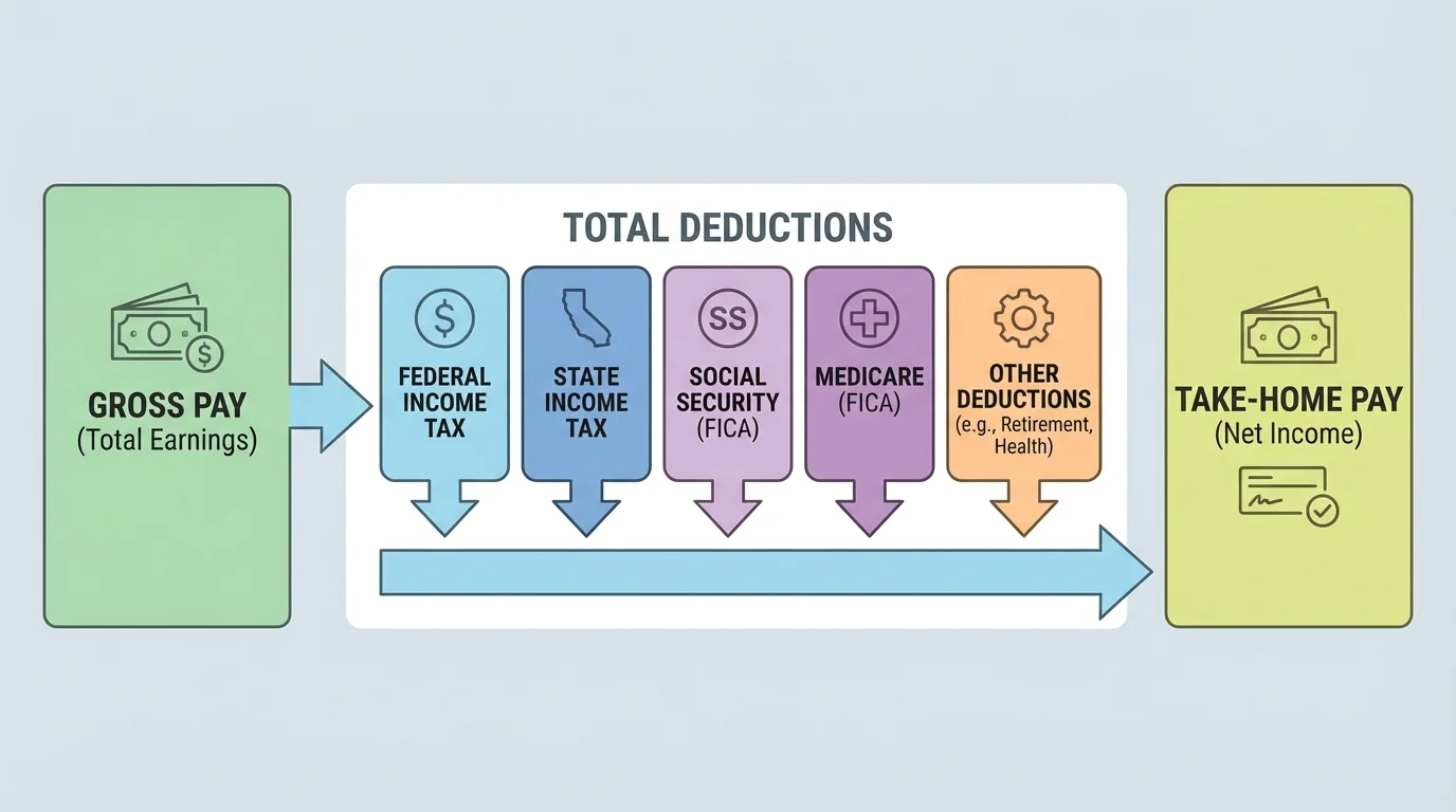Flowchart showing earnings moving into federal income tax, state income tax, Social Security, Medicare, other deductions, and final take-home pay