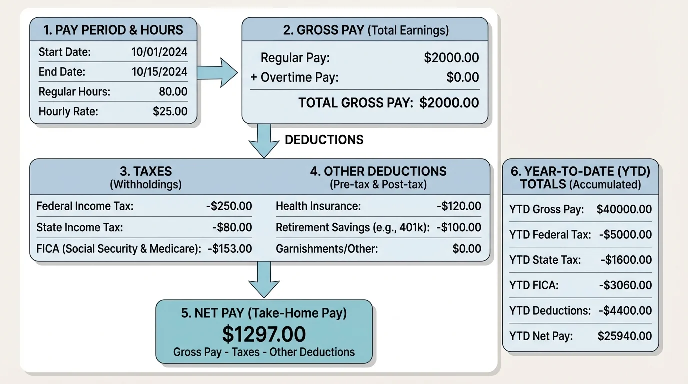 Step-by-step checklist for reading a pay stub from pay period and hours to gross pay, taxes, other deductions, net pay, and year-to-date totals
