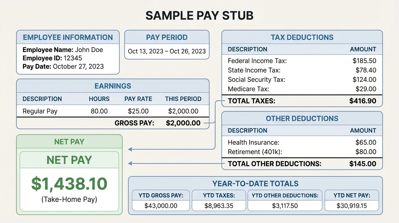 Labeled sample pay stub with boxes for pay period, hours, pay rate, gross pay, tax deductions, other deductions, net pay, and year-to-date totals