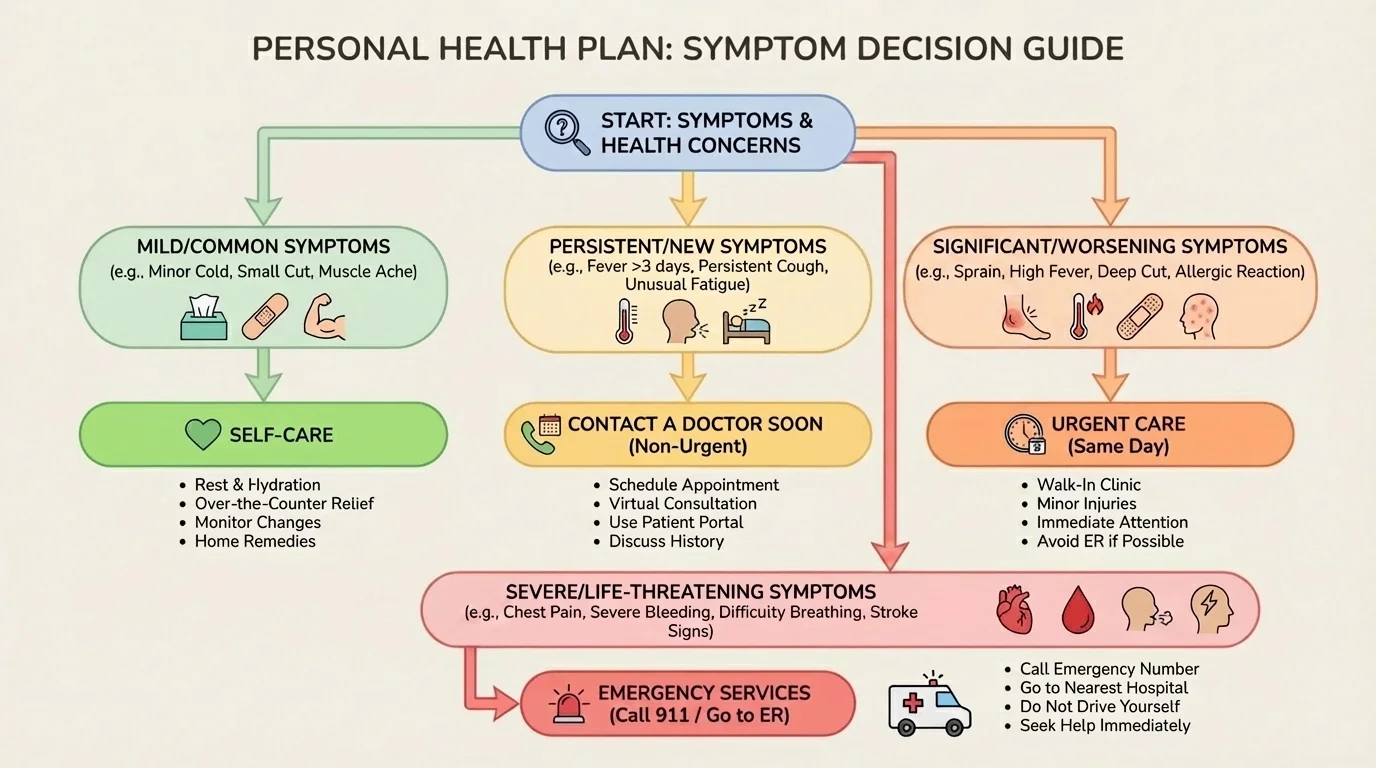 Decision tree for symptoms with branches for self-care, contact a doctor soon, urgent care, and emergency services