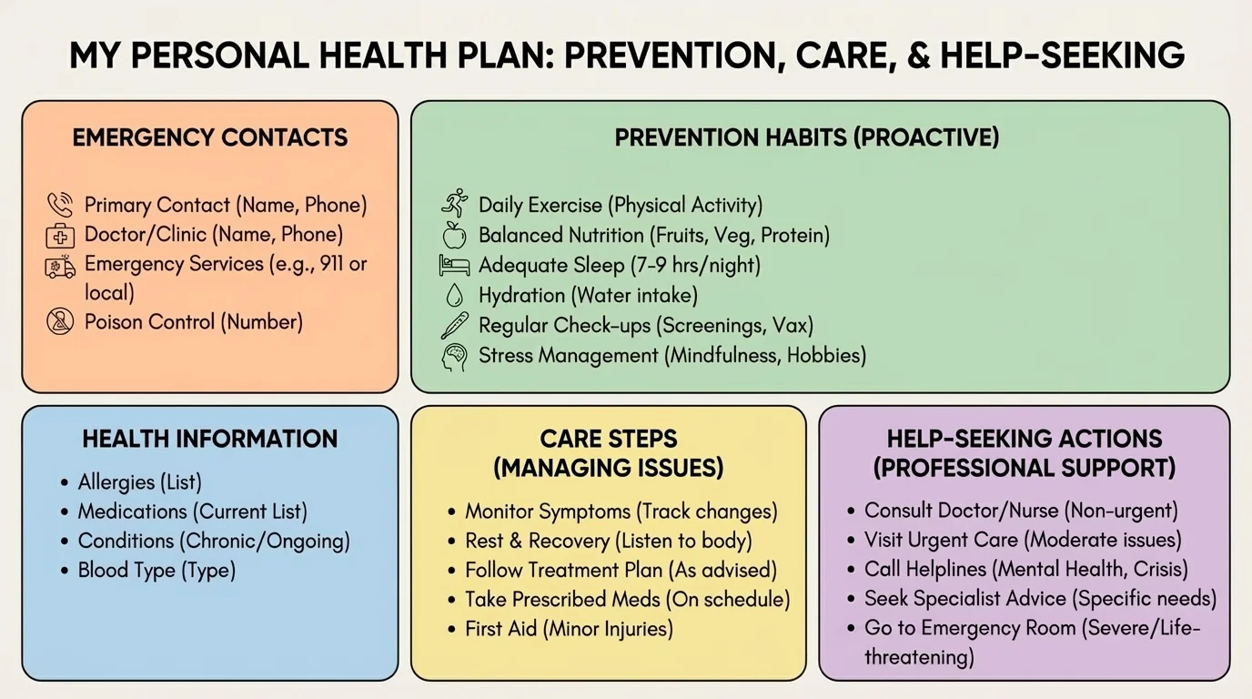 One-page personal health plan template with labeled boxes for emergency contacts, health information, prevention habits, care steps, and help-seeking actions
