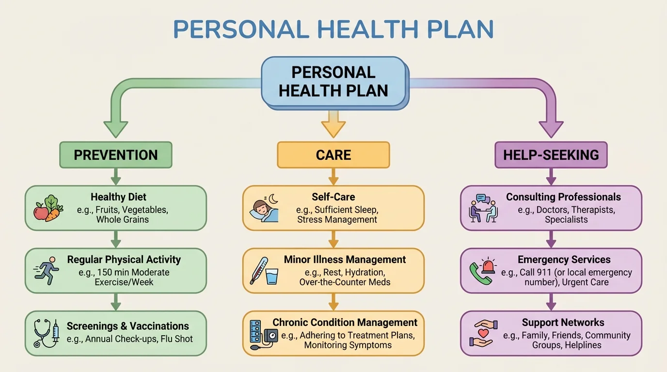 Flowchart showing personal health plan divided into prevention, care, and help-seeking with short examples under each branch