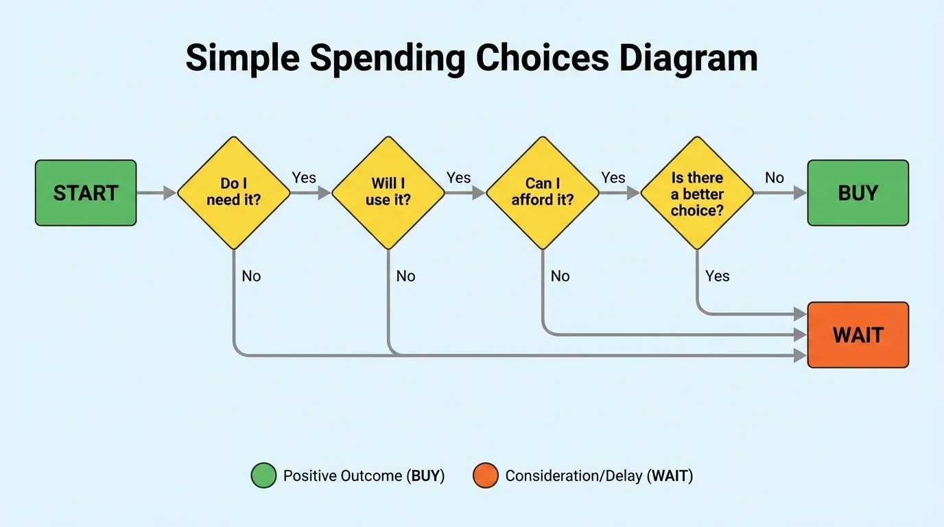 Simple spending decision flowchart with boxes reading Do I need it, Will I use it, Can I afford it, Is there a better choice, Buy or Wait