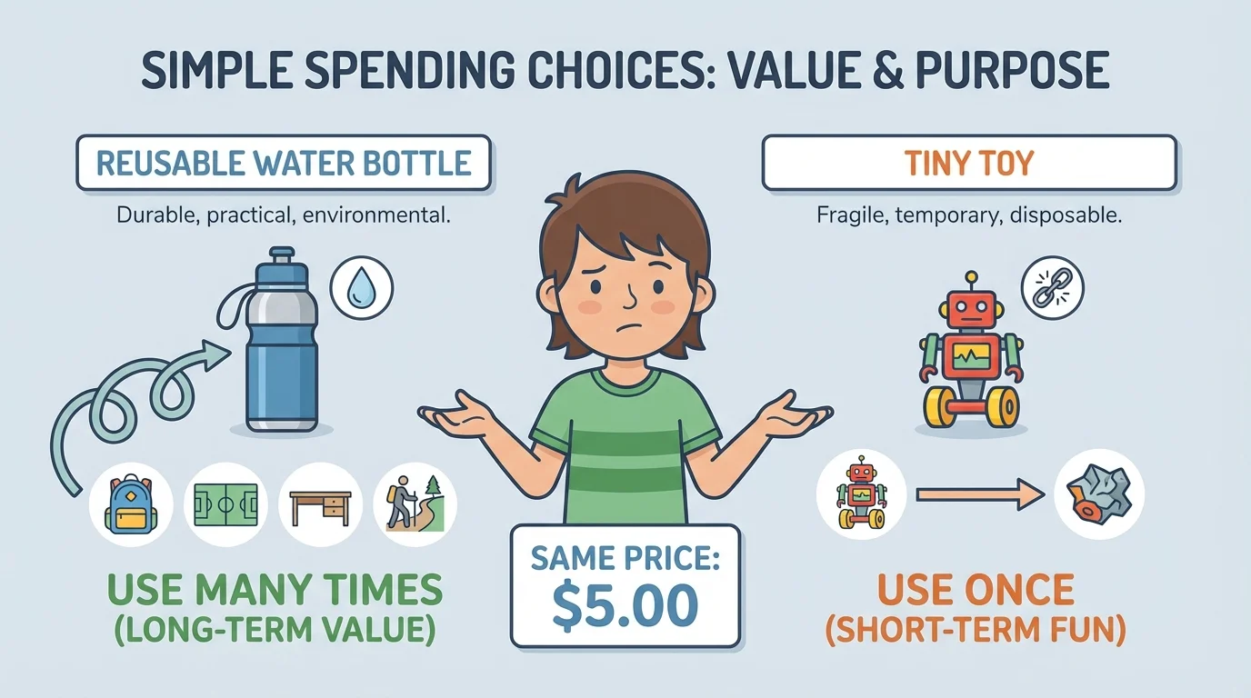 Child choosing between a reusable water bottle and a tiny toy, with simple labels for same price, use many times, and use once