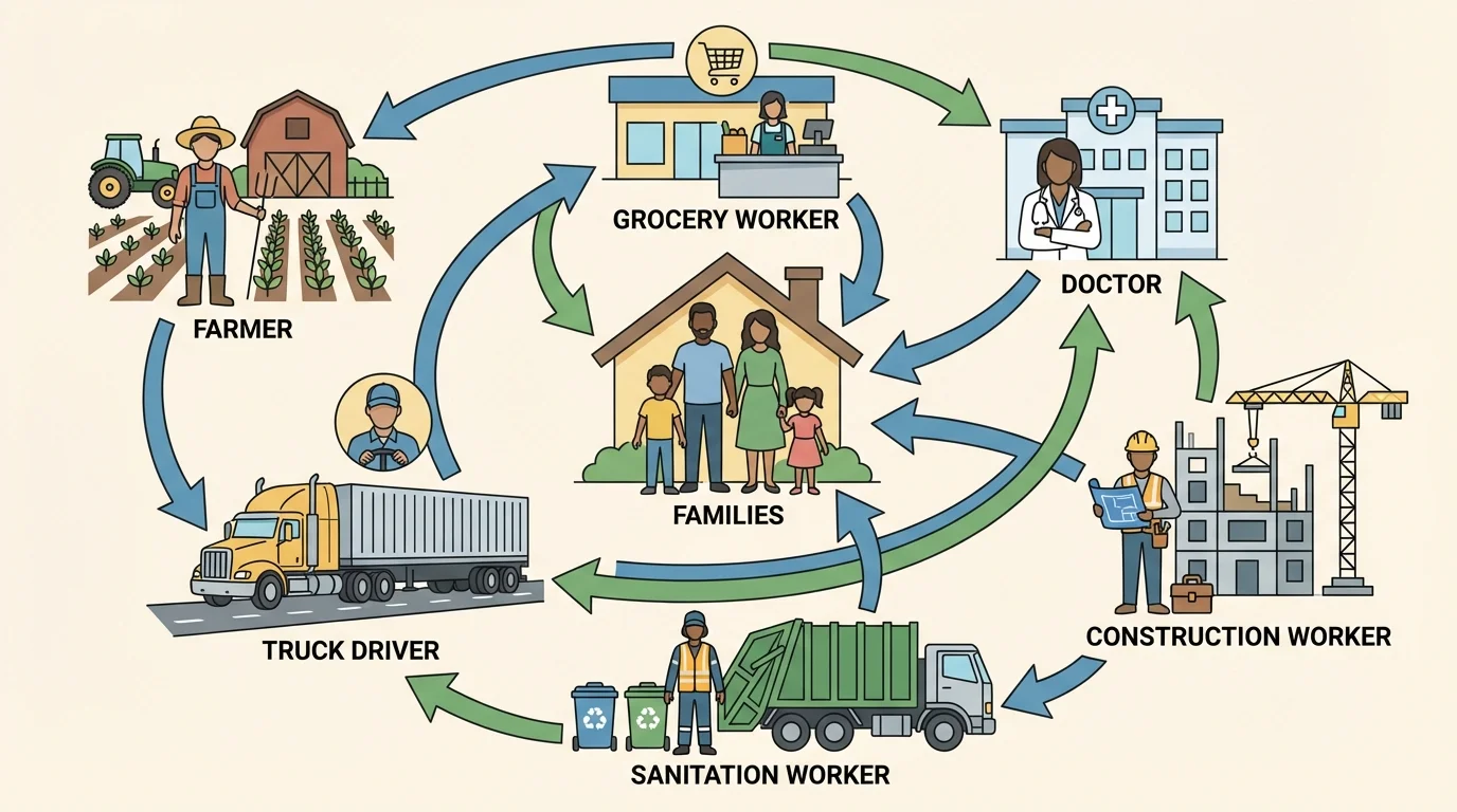 child-friendly community scene with arrows connecting farmer, truck driver, grocery worker, doctor, sanitation worker, construction worker, and families to show how jobs depend on one another
