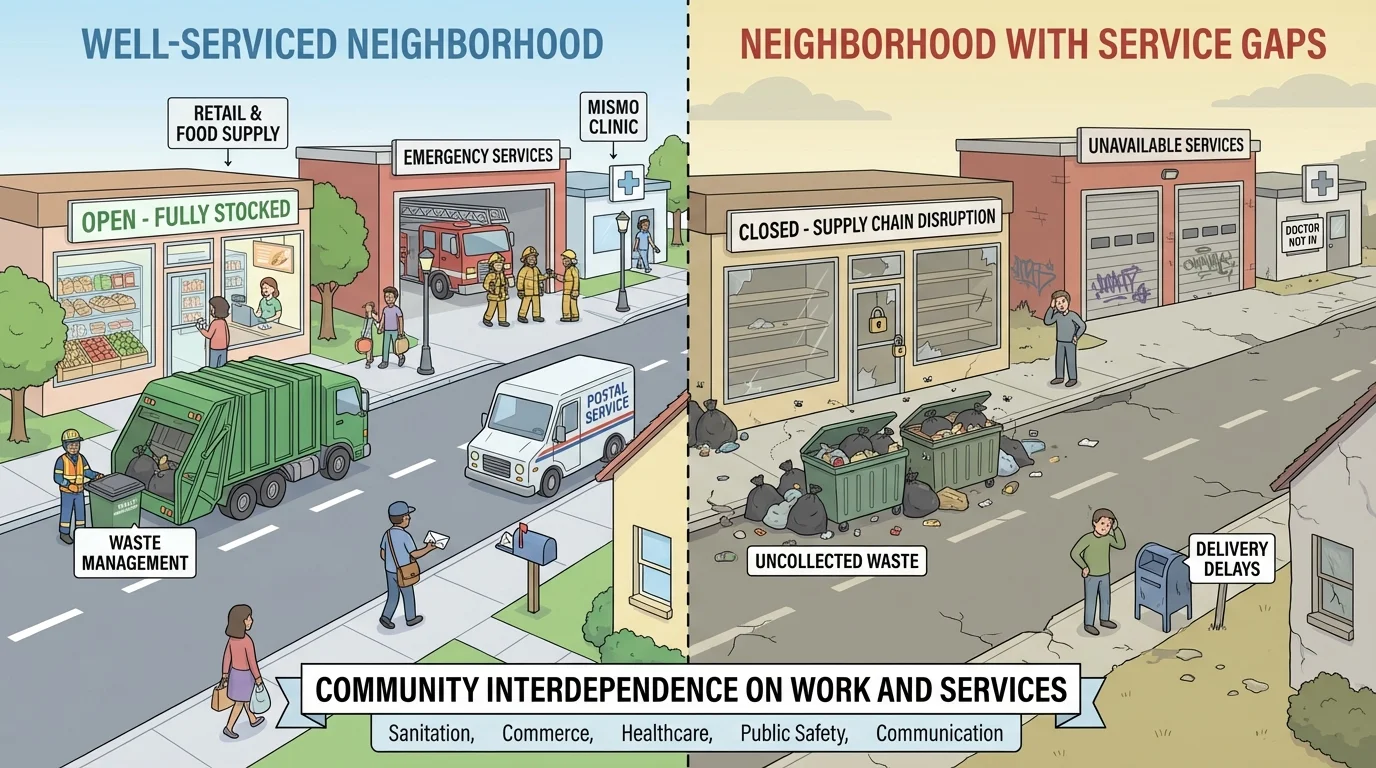 split-scene comparison showing one neighborhood with clean streets, stocked stores, and available helpers, and another with piled trash, closed services, and delays